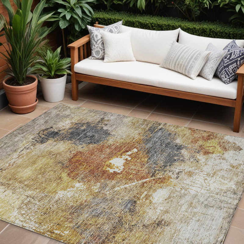 Tapis extérieur lavable abstrait 10 pi x 14 pi noir et cuivre taupe