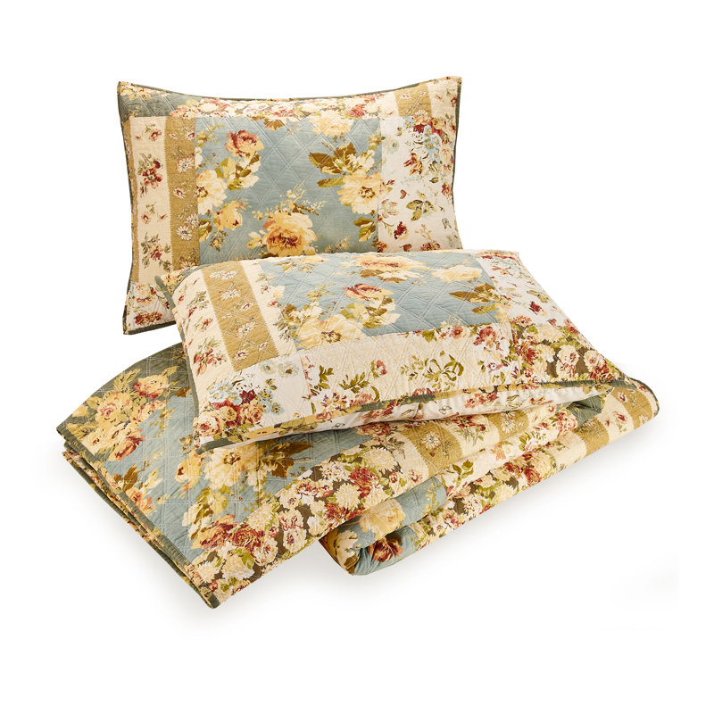 Floral Patch 3-Piece Cotton Quilt/Coverlet Set, King Quilt + 2 Shams