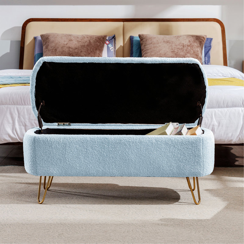 Deshondra Upholstered Ottoman, Storage Bench with a Safety Hinge, Blue Faux Fur