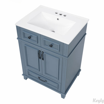 Meuble-lavabo de 24 po avec lavabo en céramique, armoire de rangement en bois massif avec portes à fermeture douce, style rétro