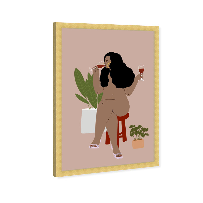 Nude Drinker - Peinture, H 15 po x l 10 po, Papier avec cadre doré