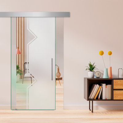 Frameless Glass Sliding Barn Door with Sandblasted Modern Design + Hardware Kit (Semi-Private)