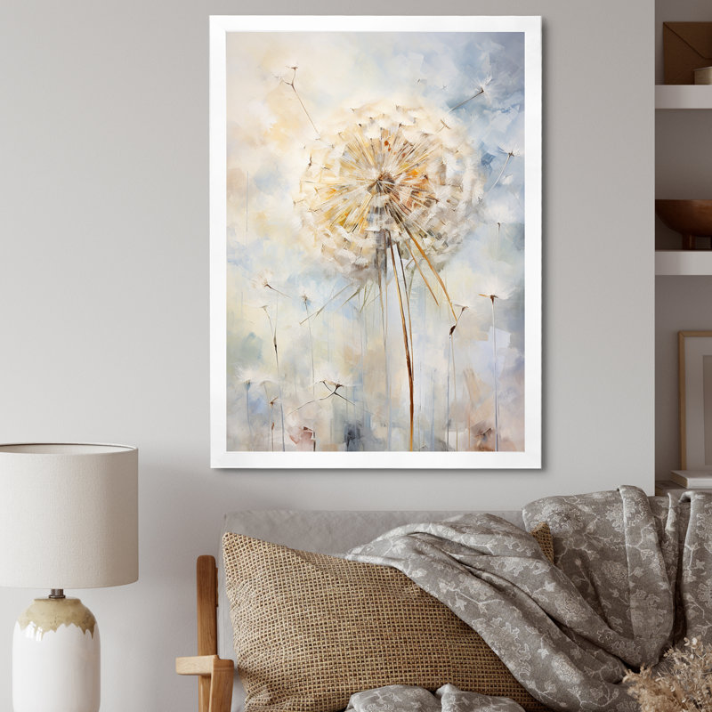 Dandelion Charm in Winter I - Pissenlit, art mural, H 40 po x l 30 po x P 1,5 po, Cadre simple blanc
