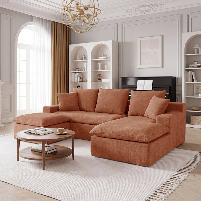 Canapé modulaire en U 92,51 po, canapé modulaire en chenille avec ressorts ensachés, sièges rembourrés à assise profonde modernes pour le salon, pouf à roulettes sans assemblage