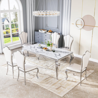 Modern 70" Marble Dining Table Set, Elegant White Faux Marble Top And Stainless Steel Legs, High-Back Petal Design Pu Leather Chairs