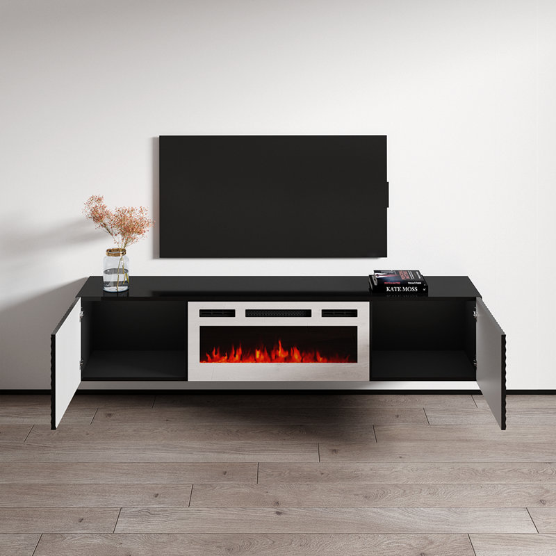 Attalla 70.9" Modern TV Stand with Electric Fireplace, High Gloss Finish, Wall-Mounted, Black/White