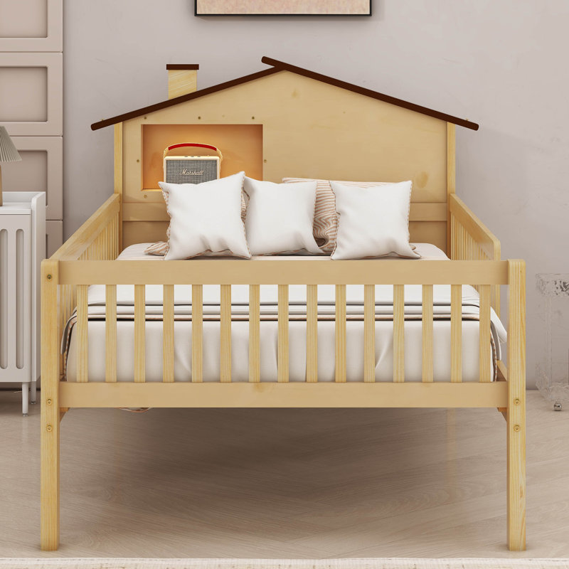 Lit plateforme en bois avec DEL, Naturel, Simple