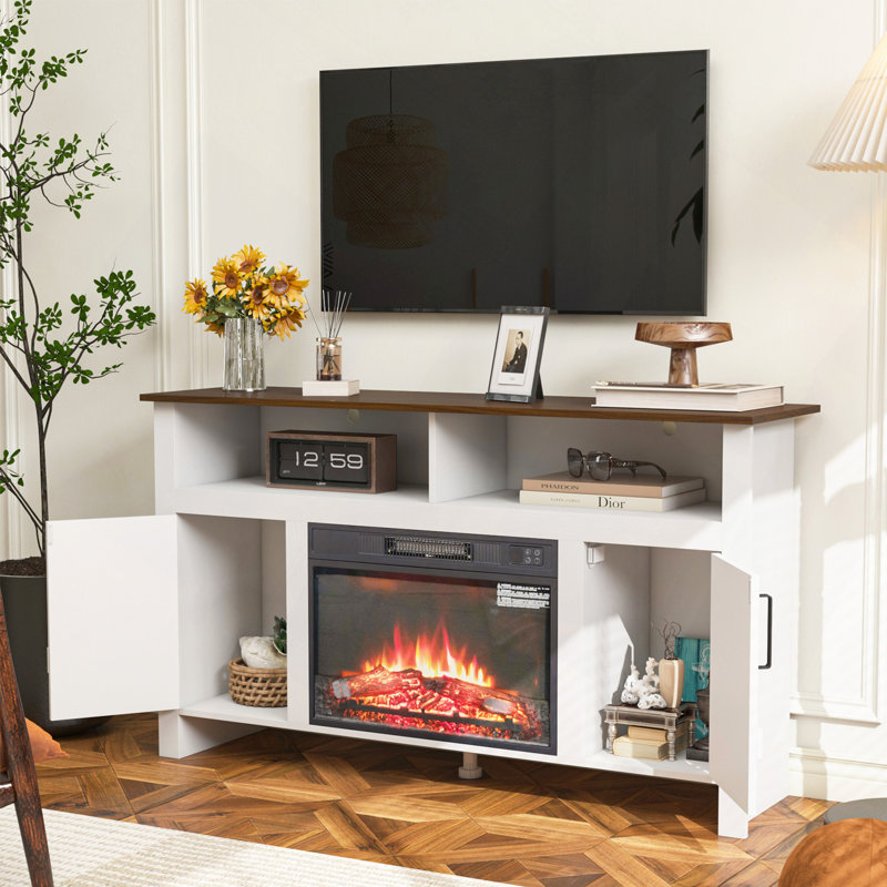 Meuble télé, meuble télé, console multimédia, meuble de rangement, centre de divertissement, avec foyer électronique et télécommande, utilisant la toute dernière technologie de chauffage infrarouge, belle flamme électronique, coffre-fort