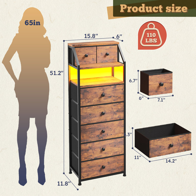 Tall 7-drawer Storage Cabinet With Rgb Led Lighting, Modern Organizer With Open Shelf For Bedroom Living Room, Brown