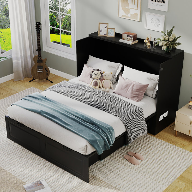 Lit escamotable noir avec prises de courant et grand tiroir de rangement pour bureau personnel ou petite pièce, Noir