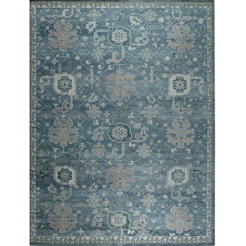 Blue Hand-Knotted Wool Floral Trelliswork Classic Traditional Modern Contemporary Carpet Rug, 10' x 14'