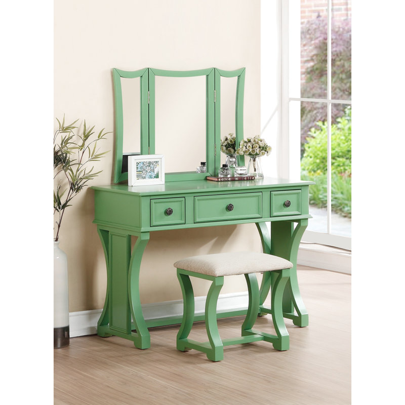 Modern Bedroom Vanity , Finish, Stool, , Rustic Wood Style W/ Veneer, Pine Design, Antique Green