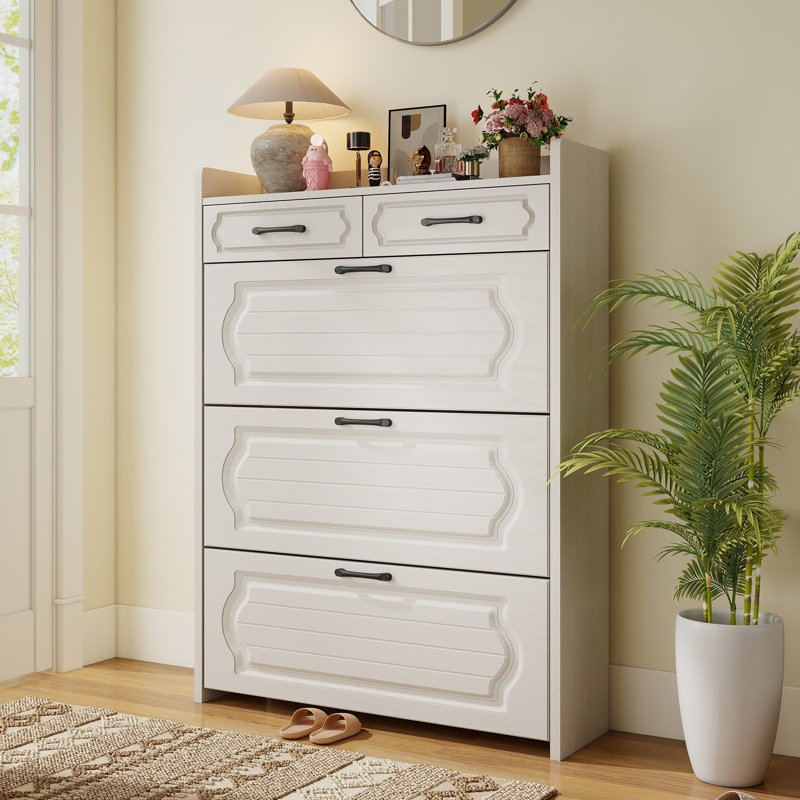 31.5" W Shoe Cabinet, Hidden Wood Shoe Cabinet with 2 Storage Drawers & 3 Flip Drawers, Narrow Freestanding Shoe Storage Cabinet for Entryway Hallway & Apartment, White, Style B