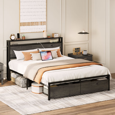 Structure de lit avec tête de lit et rangement, gris anthracite