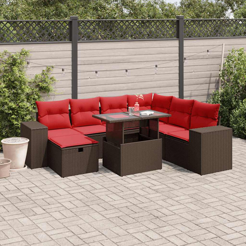  Ensemble de canapé de patio 8 pièces avec coussins en rotin de polyester, Rouge, Brun