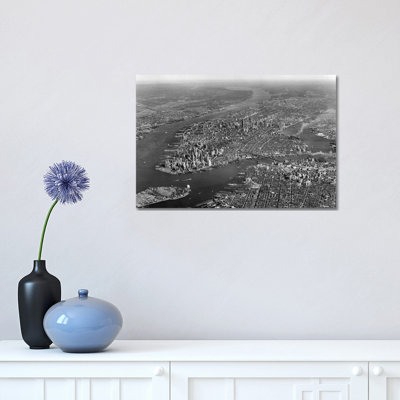 1950s Aerial View of Manhattan Island on Left Is Hudson River 1 Piece Wrapped Canvas Wall Art