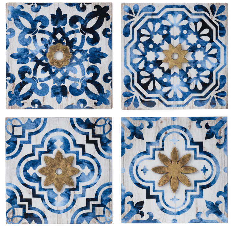 Décoration murale abstraite bleue, blanche et dorée S / 4, 9,5 x 9,5 po