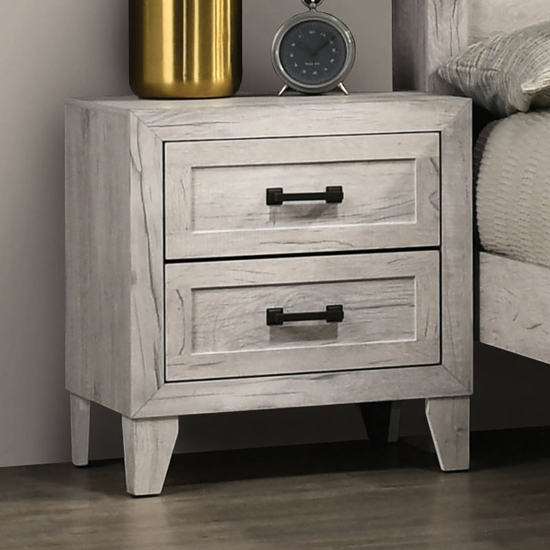 Table de chevet blanche délavée pour la chambre à coucher, 2 tiroirs, style contemporain, matériau, poignées de barre noires, glissière centrale en métal, assemblage simple, chevet l 21,5 po x P 16,5 po