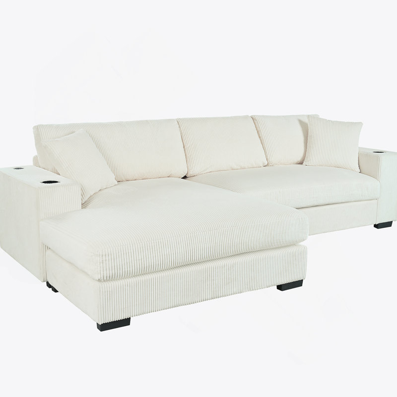 Grand canapé modulaire avec coussins épais et porte-gobelets intégrés et ports de chargement, Velours côtelé beige