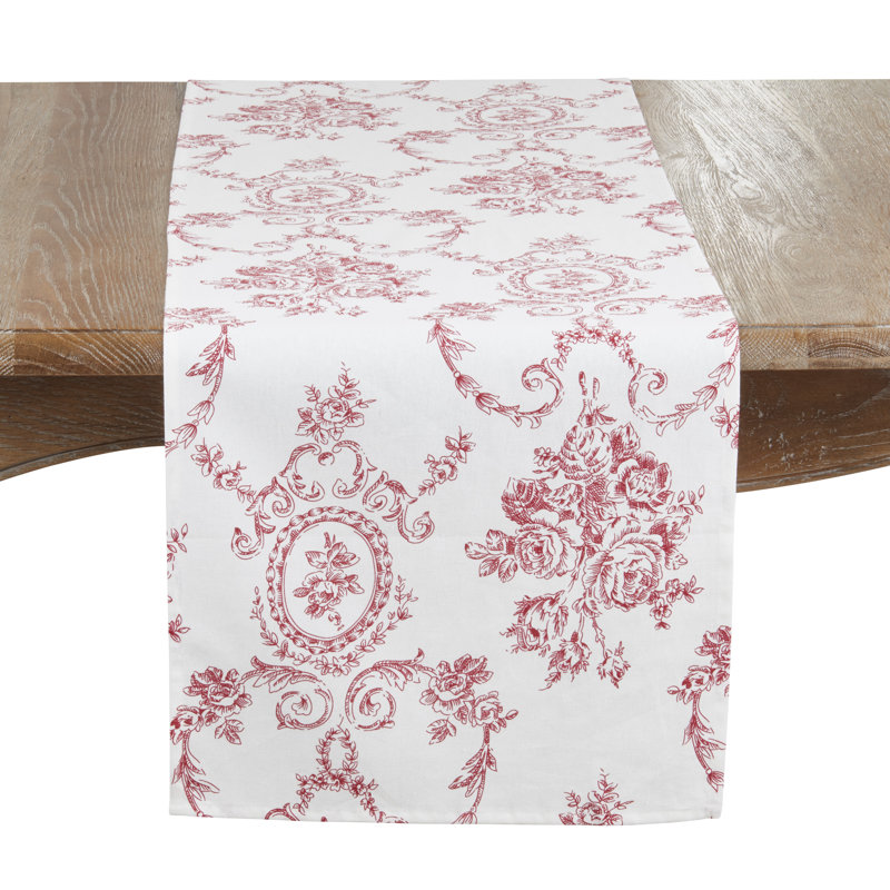 Vickrey Floral and Toile Linen Table Runner, 72" x 16", Red