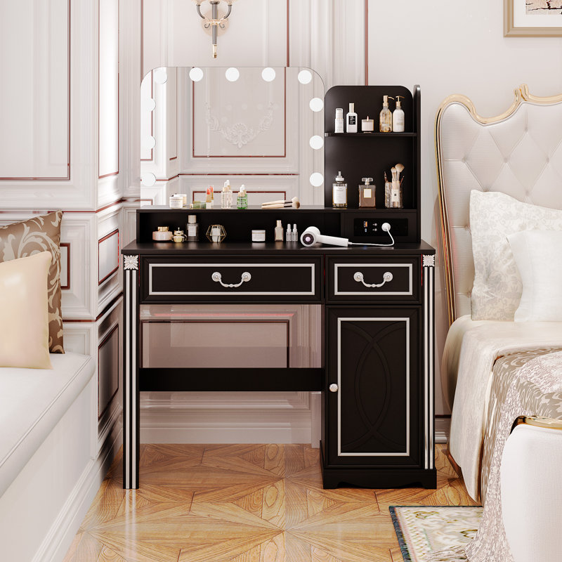 Vanity Desk With Led Mirror, Storage Drawers, And Built-in Power Outlets, Black