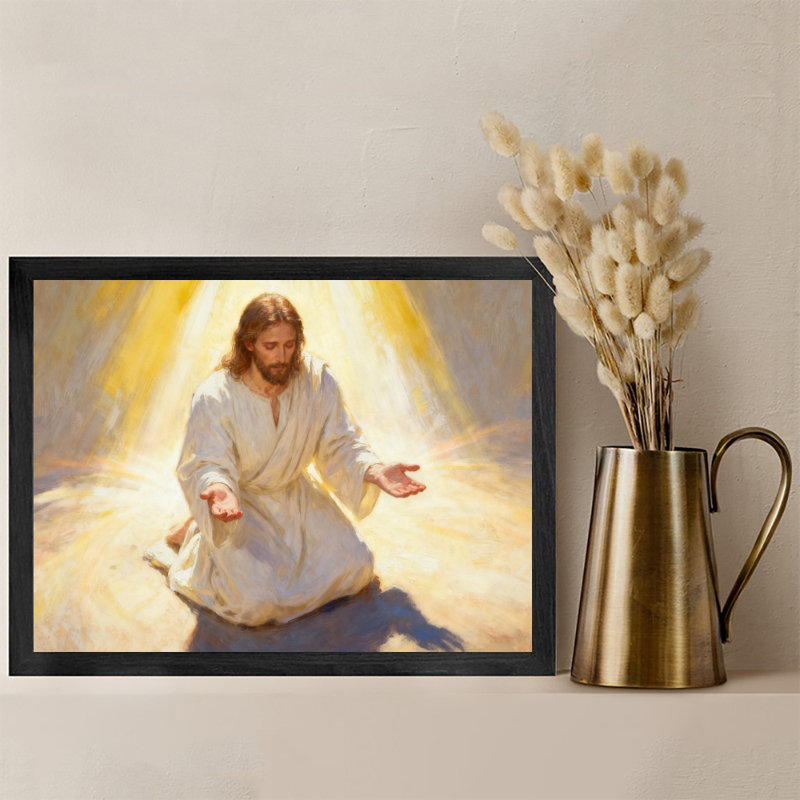 Reproduction encadrée noire de Jésus priant pour les maisons religieuses, H 13 po x l 17 po