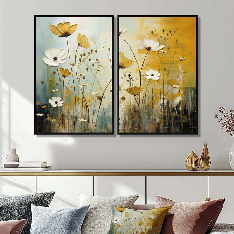 «Whispering Meadows II - Abstract Collages», ensemble de 2 impressions sur toile, Impression encadrée flottante, Noir