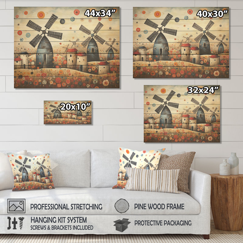 Folk Art Wind Turbines Village V - Éoliennes sur bois, H 34 po x l 44 po
