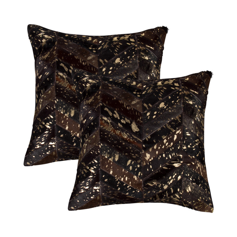 Ensemble de deux coussins décoratifs en cuir de vache 18 po, Chocolat / or