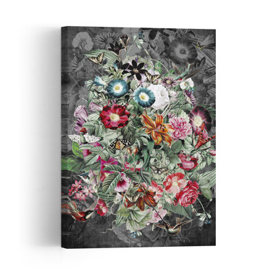Affiche murale abstraite rétro vintage « Jardin nocturne vibrant » avec papillon, colibri et fleur, représentant la nature