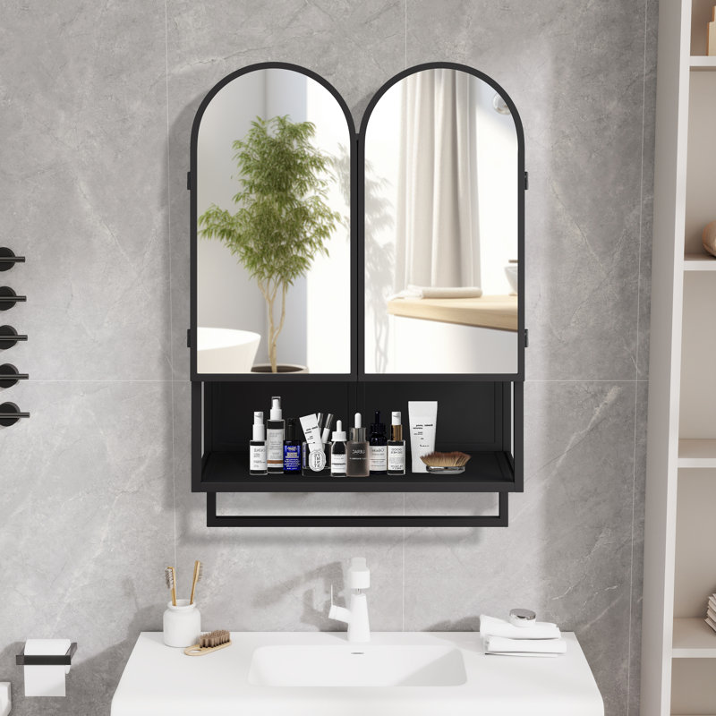 Armoire murale moderne en métal 2 portes avec porte-serviettes, Noir