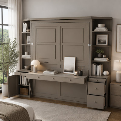 Lit escamotable avec bureau, tablettes de rangement et armoires