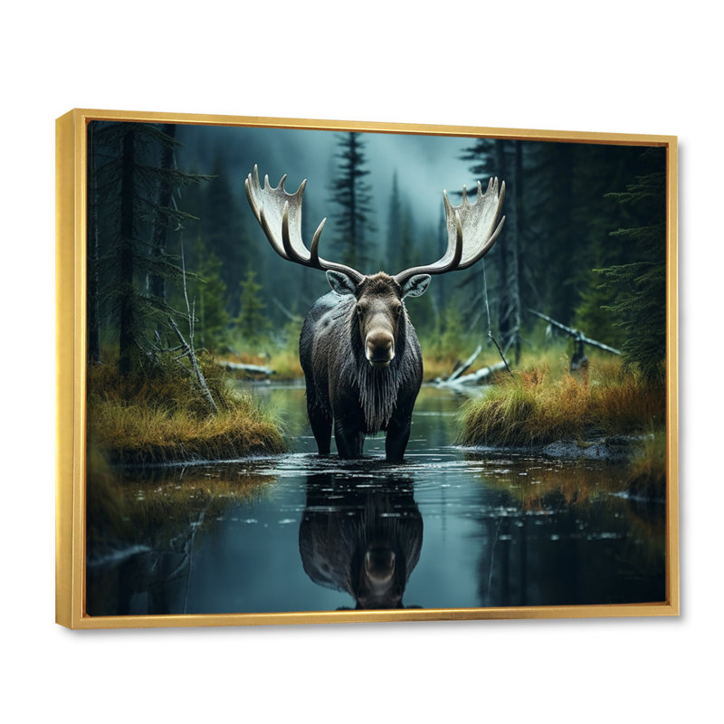 «Green Moose Forest Dusk», art mural orignal, 16" H x 32" W, Cadre flottant doré