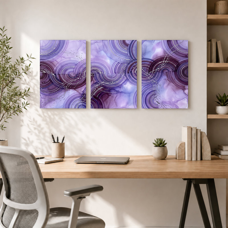 Ensemble de 3 toiles mauves et argentées, H 30 po x l 20 po x 3 pièces
