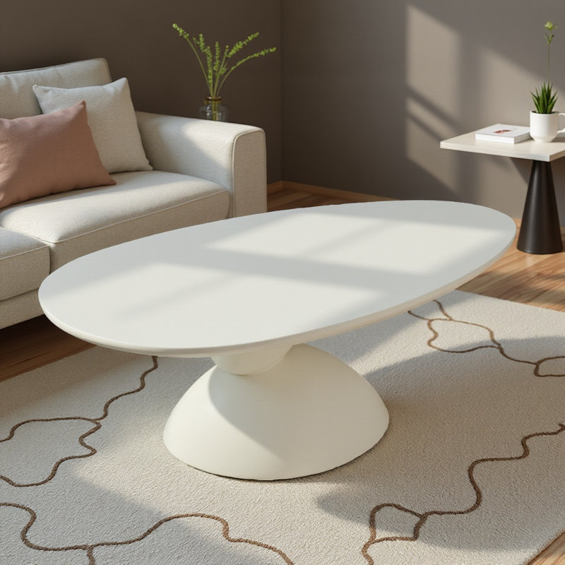Table basse ovale moderne, base à galets en fibre de verre 47,27 po, Blanc, crème