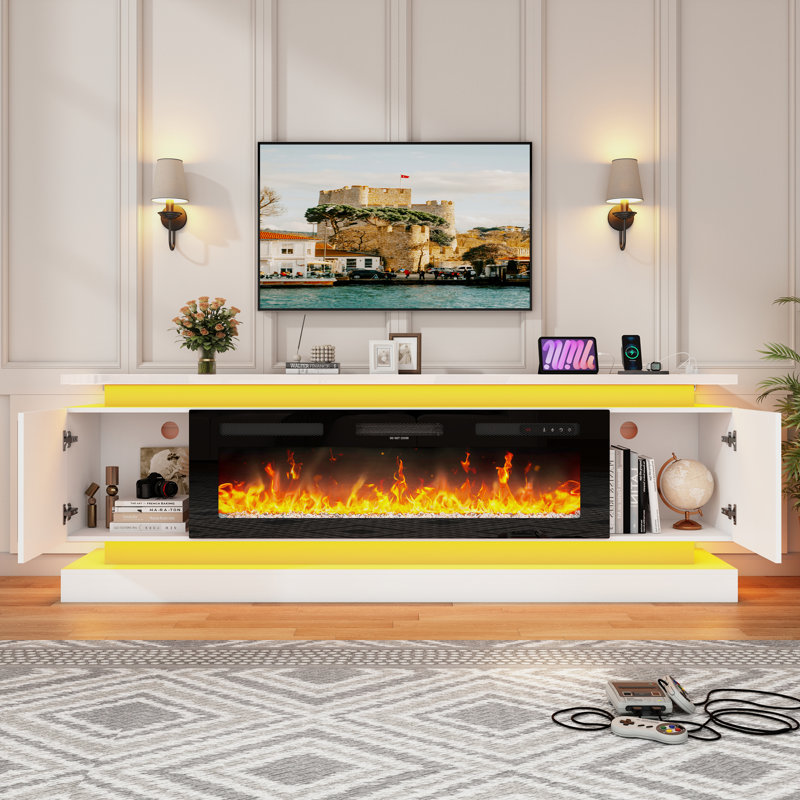70" Fireplace Tv Stand With 40" Electric Fireplace – Modern Media Console With Dual Led Lights & Built-In Power Outlet For Tvs Up To  65/75/80 Inch Tvs, High Gloss Gaming Entertainment Center,  For Living Room