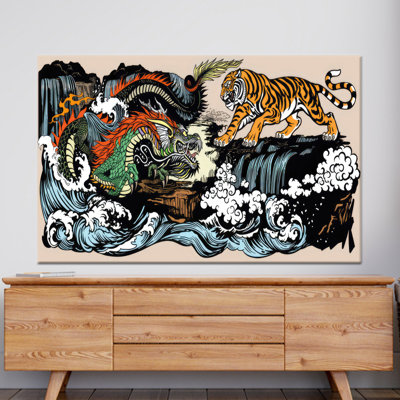 Élégante œuvre d'art sur toile imprimée, "Dragon japonais contre tigre" - thème japonais, toile tendue 1P