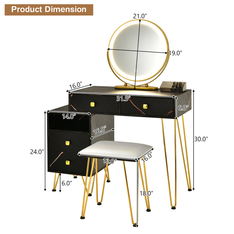 Vanity Table Stool Set with Mirror, Black/Gold