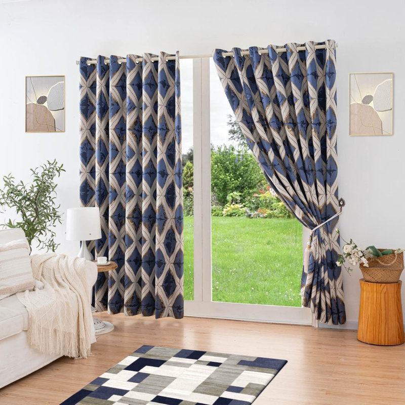 Room Darkening Curtain Pair, 229cm Width x 183cm Drop, Blue/Gold