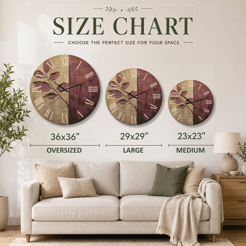 Horloge murale surdimensionnée en bois de verdure - feuilles de précision prune, Oversized