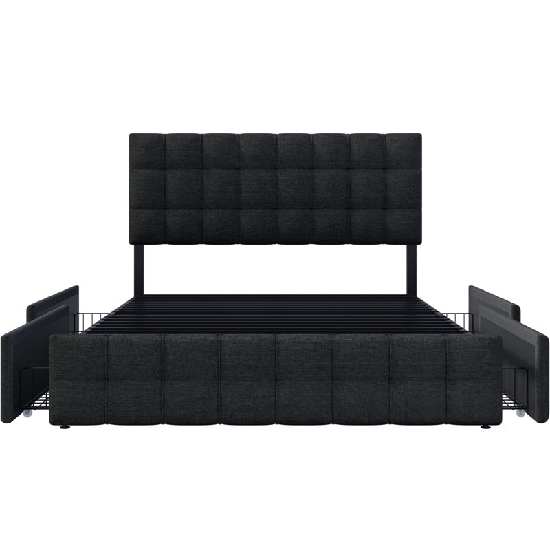 Gilud Upholstered Double Bed with 4 Drawers & Spring Mattress, with Metal Slatted Frame, Height-Adjustable Headboard & Square Knit Design, Linen Material (140*200 cm, Black)