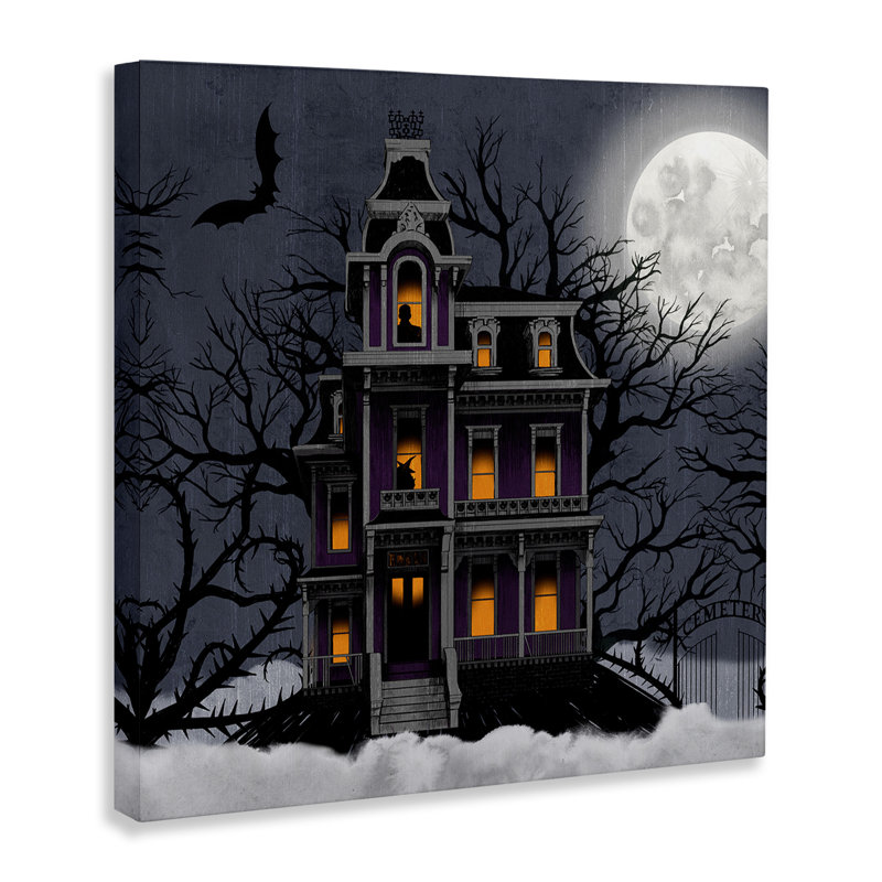 «Creepy Haunted Halloween House Under Moonlit Sky», impression numérique sur estampe numérique par Grace Popp