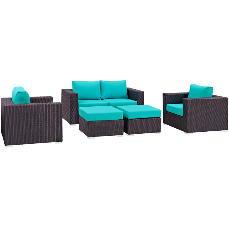 Ensemble de conversation avec canapé en rotin et coussins 5 pièces Convene, Turquoise