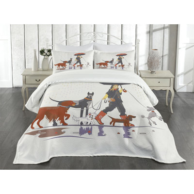 Ambesonne Colorful Bedspread Set Lady with Dogs in Rain Multicolor