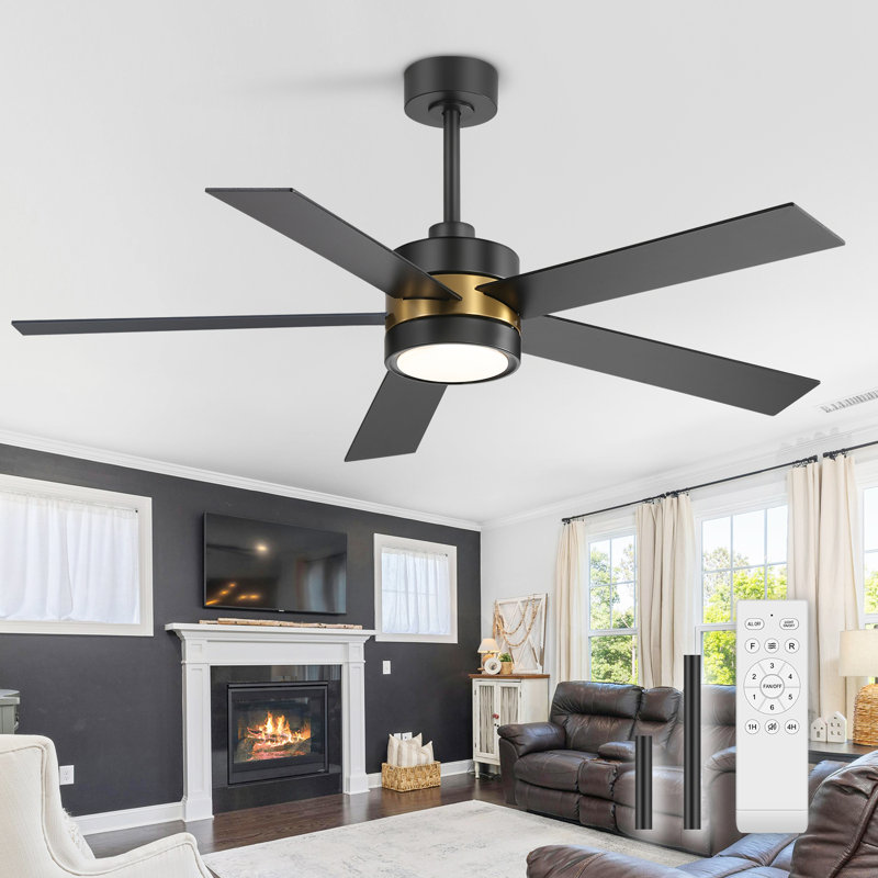 Ventilateurs de plafond à DEL 52 po avec ensemble d'éclairage et télécommande, Noir, Or/noir, 52"