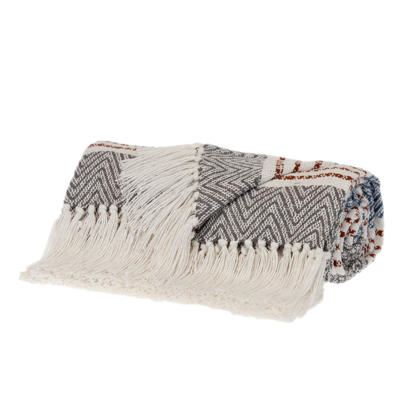 Jeté rayé en coton tissé, Gris / bleu / rayé brun