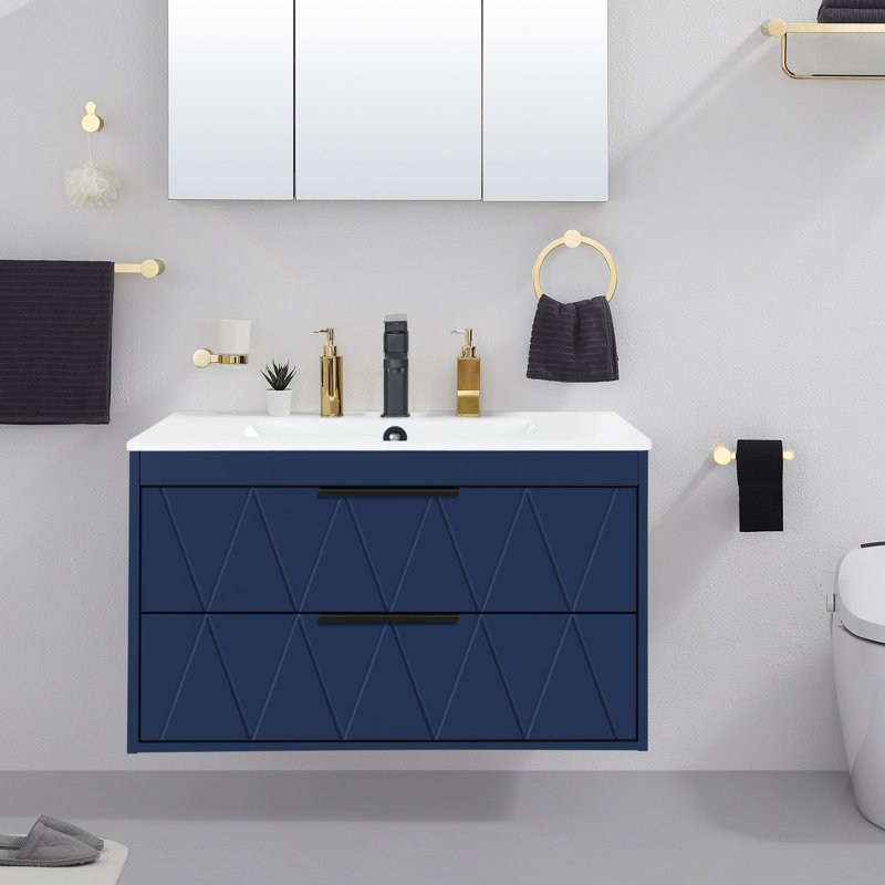 Ensemble de meuble-lavabo mural simple 30 po avec lavabo, robinet en alliage de zinc et tiroirs à fermeture en douceur Ciarra Sharee