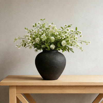 Large Black Round Vase With Pottery Look - Rustic Modern Farmhouse Centerpiece Vase, Earthy Textured Distressed Design For Home Decor, Console Table, And Dining Room Table Decor
