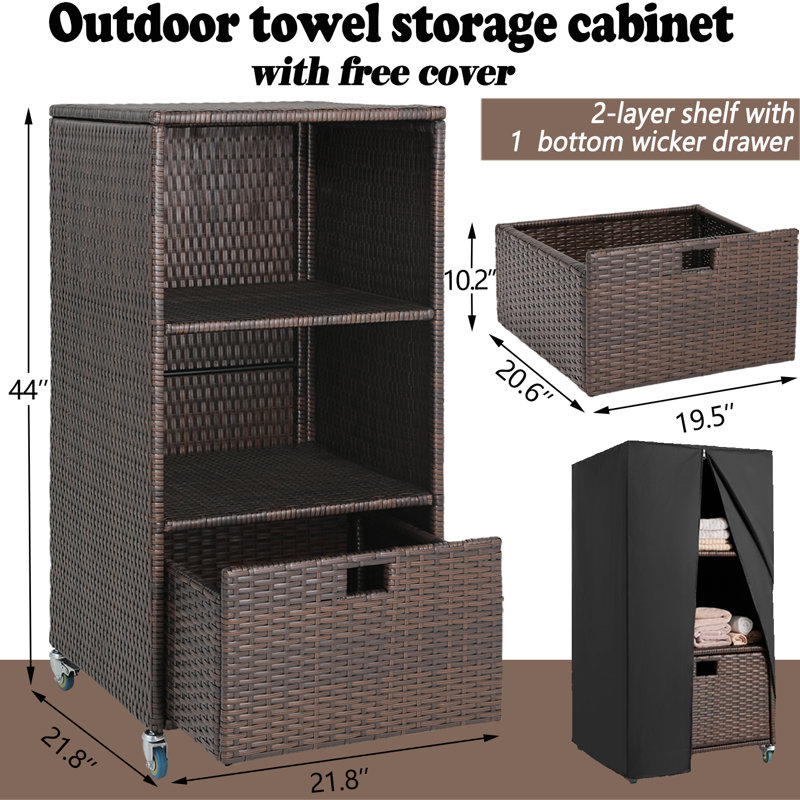 Outdoor Towel Rack For Pool Outdoor Pool Towel Storage Cabinet With Shelf & Drawer Pool Towel Valet Caddy With Rolling Wheels Wicker Pool Towel Holder With Cover For Poolside Hot Tub Espresso