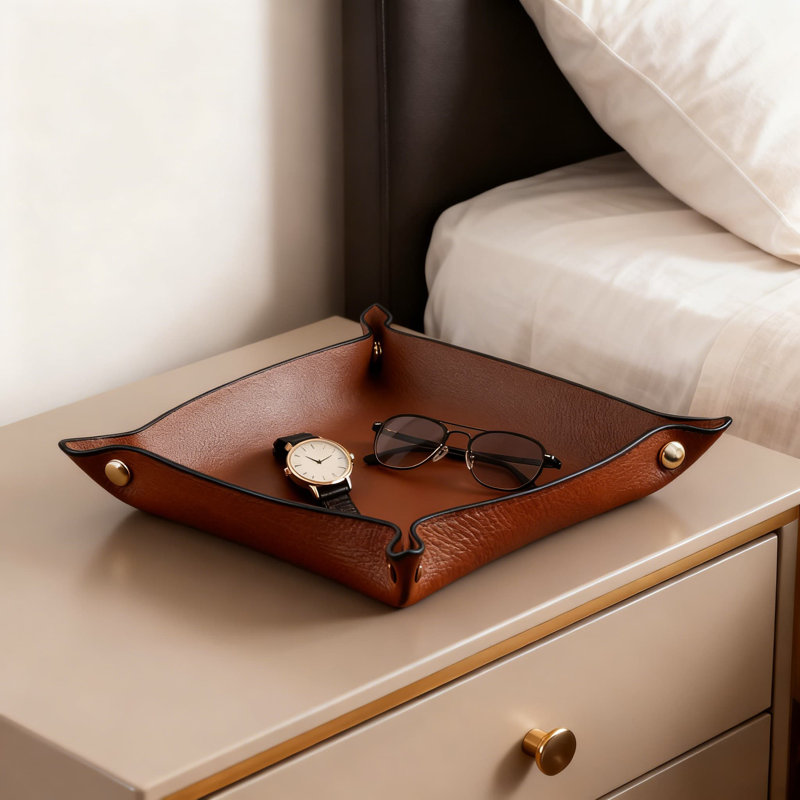 Chocolate Color Handmade Leather Tray For Jewelry And Accessories, Waterproof And Scratch-Resistant, Multi-Purpose Decorative Organizer For Watches, Rings, Keys, Snacks, And Home Decor